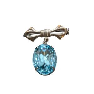 Vintage Blue Rhinestone Dangle Ribbon Silver Tone Brooch